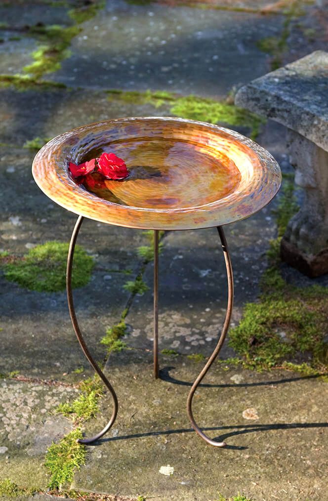 Copper Plated Ancient Graffiti Steel Bird Bath and Stand 